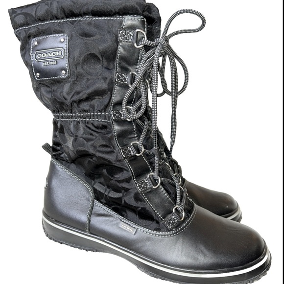 COACH SHAINE SIGNATURE WOMENS BOOTS WINTER RAIN SNOW BLACK LACE UP FLEECE LINED - Picture 1 of 10